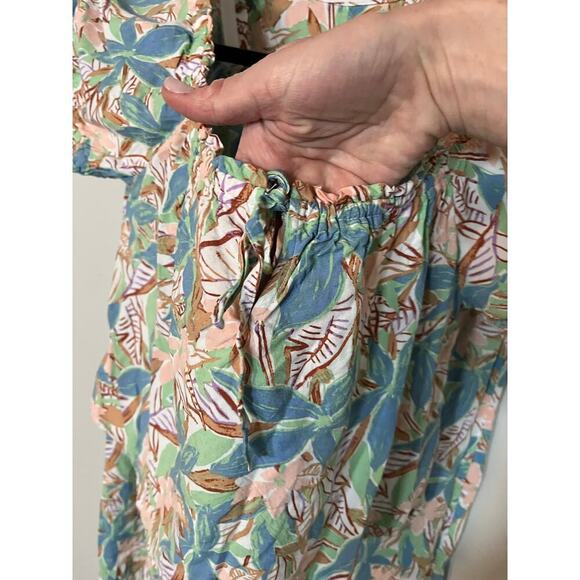 Roxy leaf tropical floral print crop top puff sleeve wide leg pant set medium - Picture 13 of 14
